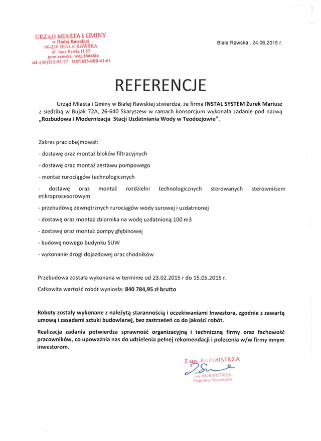 Podgląd pierwszej strony referencji: Biała Rawska - SUW Teodozjów