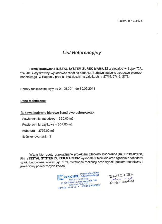 Podgląd pierwszej strony referencji: Budynek przy ul. Kościuszki