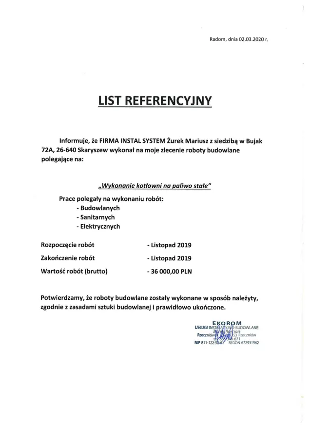 Podgląd pierwszej strony referencji: EKOROM - kotłownia na paliwo stałe