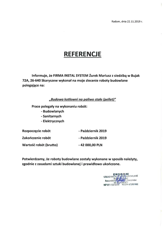 Podgląd pierwszej strony referencji: EKOROM - kotłownia na pellet