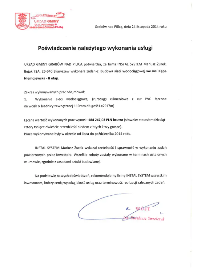 Podgląd pierwszej strony referencji: Grabów nad Pilicą - wodociąg