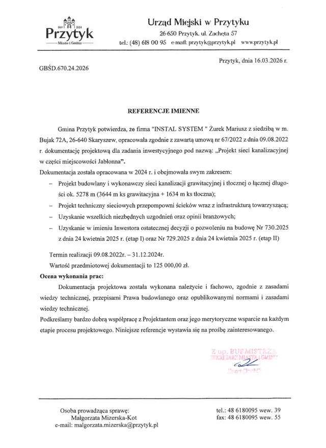 Podgląd pierwszej strony referencji: Przytyk - kanalizacja