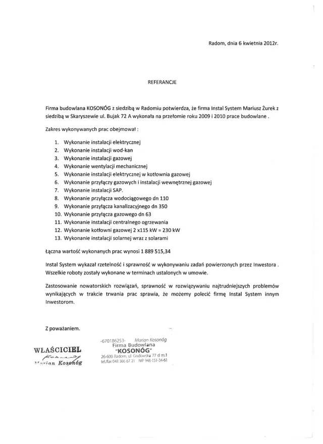 Podgląd pierwszej strony referencji: Kosonóg - realizacje 2009-2010