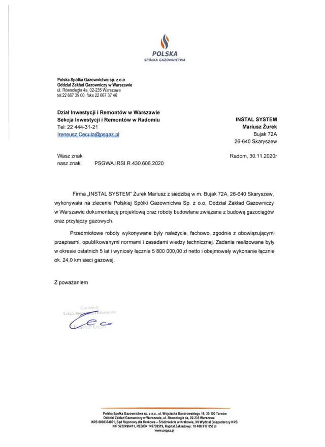 Podgląd pierwszej strony referencji: Referencje ogólne - sieci gazowe