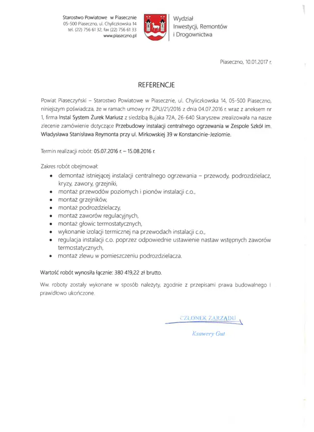 Podgląd pierwszej strony referencji: Piaseczno - instalacja CO w szkole