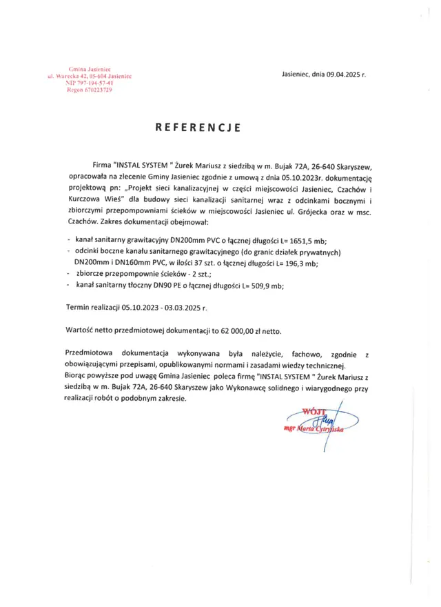 Podgląd pierwszej strony referencji: Jasieniec - projekt kanalizacji