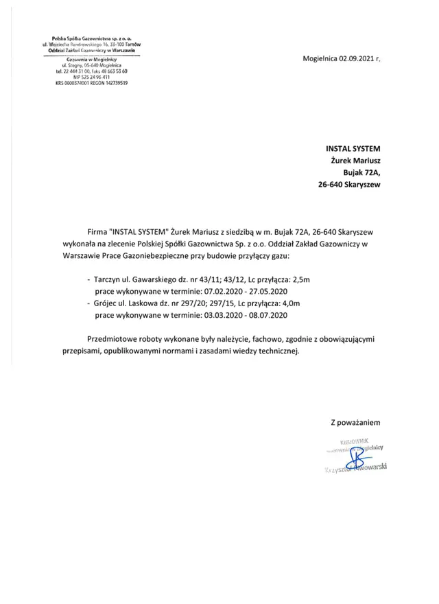 Podgląd pierwszej strony referencji: Prace gazoniebezpieczne - referencje