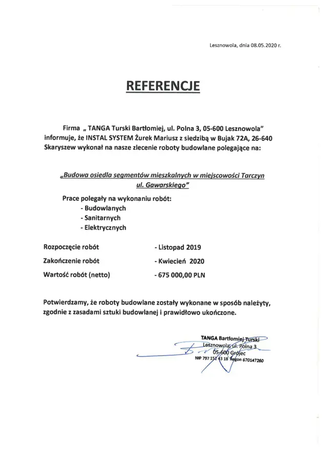 Podgląd pierwszej strony referencji: TANGA - referencje ogólne