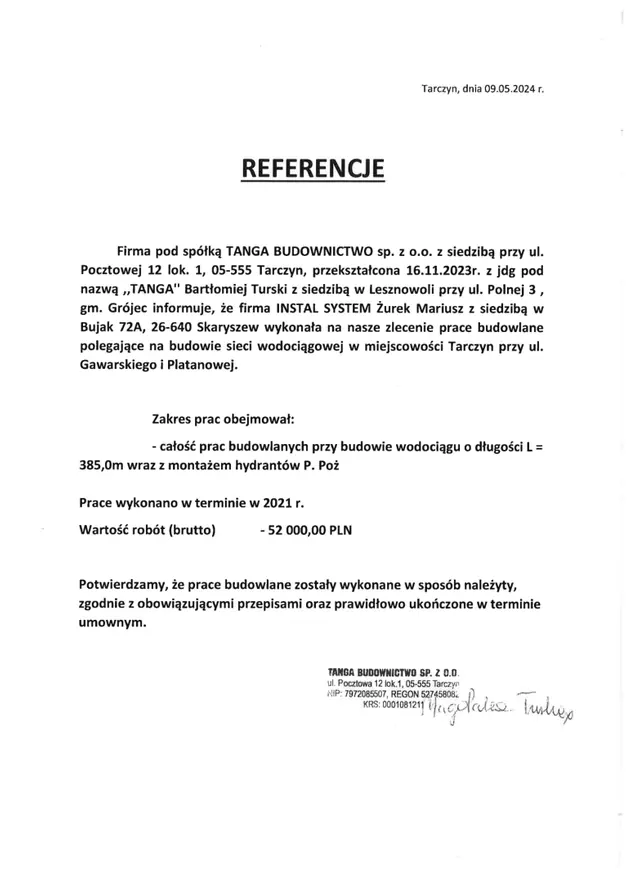 Podgląd pierwszej strony referencji: TANGA - ul. Platanowa, wodociąg i hydranty